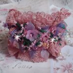 Poetic Garden cuff bracelet embroidered with Old Rose Antique lace, Swarovski crystals, 18 and 24 karat gold plated accessories, Mother of Pearl, pearls and seed beads