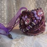 Chinese Purple Stone cuff bracelet embroidered with fine stones: Sugilites, Swarovski crystals, seed beads and a purple Organza ribbon