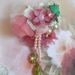Soft Powdered brooch created with lace, organza ribbon, Swarovski beads, glass beads and seed beads 