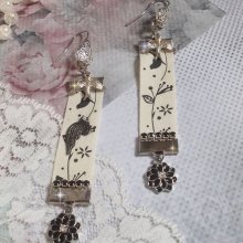 Black and White Birds BO created with black and white bird print ribbon, crystals, enameled flowers and quality accessories