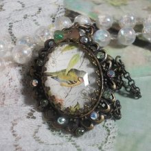 Bird of the Gardens necklace created with a magnifying glass cabochon and crystals mounted on bronze accessories