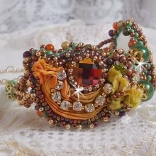 Venetian moon bracelet embroidered with silk ribbon, faceted cabochons, Swarovski crystals and magic beads