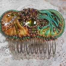 Venetian moon comb embroidered with silk ribbon, Swarovski crystals, magic beads and seed beads