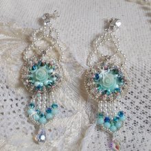 BO Blue Flowers Haute-Couture embroidered with Swarovski crystals, Mint colored resin cabochons, Miyuki seed beads and 925/1000 silver studs