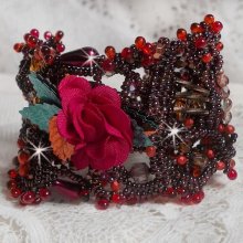 Belle Hélène cuff bracelet all in seed beads, fabric flower, gemstone beads (yellow/white calcite) and seed beads