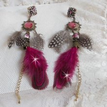 Navajo Fuchsia and Brown BO with glass beads, Swarovski crystals and feathers