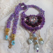 Freesia necklace embroidered with Fuchsia resin roses marbled with Rose, Swarovski crystals and seed beads.