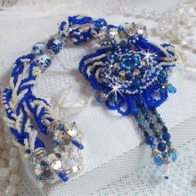 Lotus Flowers necklace embroidered with Capri Blue/White Venice beads and Swarovski crystals