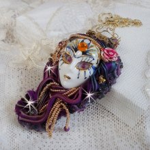 La Passionnée de Venise pendant embroidered with a Shibori silk ribbon, semi-precious Sugilite beads, crystals and various pearls
