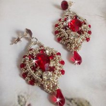 BO Drigon Red embroidered with Swarovski crystal Siam color cabochons, bezels, silver seed beads and 925/1000 silver butterfly ear studs