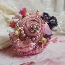 Poetic Garden ring embroidered with linen, fine lace, Swarovski crystals, Mother of Pearl leaf, Lucite flowers, glass beads and seed beads 