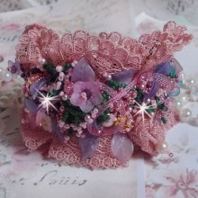 Poetic Garden cuff bracelet embroidered with Old Rose Antique lace, Swarovski crystals, 18 and 24 karat gold plated accessories, Mother of Pearl, pearls and seed beads