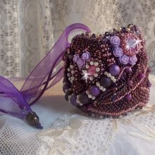 Chinese Purple Stone cuff bracelet embroidered with fine stones: Sugilites, Swarovski crystals, seed beads and a purple Organza ribbon