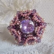 Chinese Purple Stone ring embroidered with Swarovski crystals and seed beads