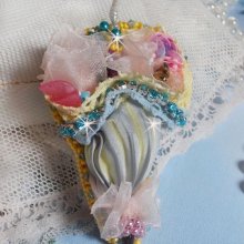 Flower Umbrella Brooch embroidered with Grey/Yellow silk ribbon, Swarovski crystals, Lucite flowers, Mother of Pearl beads, lace and seed beads