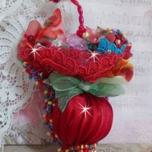 Ruby Umbrella brooch embroidered with a red silk ribbon, Swarovski crystals, Lucite flowers, Bohemian glass beads and seed beads