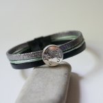 Silver, green and black cabochon moon star leather multi-link bracelet