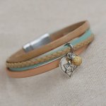 Multi-leather women's cuff bracelet Beige sand pendant of your choice