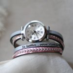 Watch with double pink metallic leather strap to personalize 