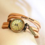 Woman or girl watch with multi-turn leather strap