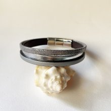 Bracelet manchette femme aux 3 cuirs argenté et gris fermoir à extension
