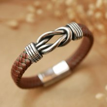 Brown leather bracelet with Celtic knot and magnetic steel clasp