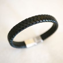 Bracelet black leather braided man clasp steel brushed magnetic