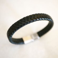 Men's black braided leather strap with magnetic steel zipper clasp