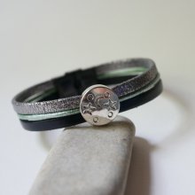 Silver, green and black cabochon moon star leather multi-link bracelet