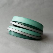 Customized green and silver leather double-turn cuff bracelet  