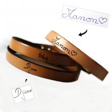 Customizable leather strap with single, double or triple turn handwriting engraving