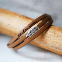 Leather bracelet woman bohemian decoration feather 3 turns customizable