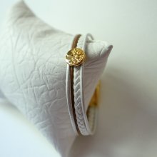White and gold leather cuff bracelet with Tree of Life cabochon