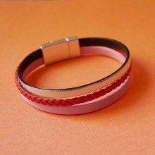 Coral red braided multi-leather cuff bracelet with silver and pink leather