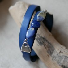 Leather and pearls bracelet woman Lapis Lazuli blue triple turns to personalize 