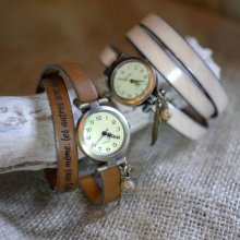 Leather bracelet watch 2 or 3 rounds with pearl and pendant