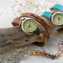 Watch bronze leather bracelet 2 turns adjustable clasp