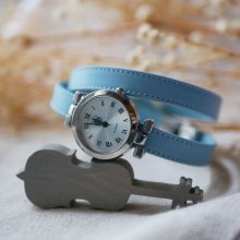 Double turn watch in blue leather couture