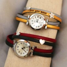 Leather bracelet watch to be personalized with silver dial and heart and star loops 