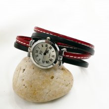 Red double leather strap watch with stitching 