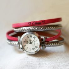 Silver watch with double leather strap, choice of color beads to personalize 