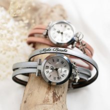 Watch to personalize with leather strap 3 turns leather dial silver with pendant 