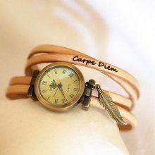 Woman or girl watch with multi-turn leather strap