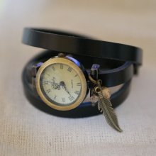 Leather bracelet watch with feather and pearl charms