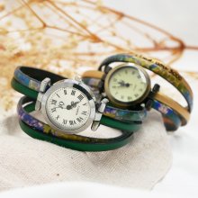 Double leather watch with impressionist print and choice of color to personalize 