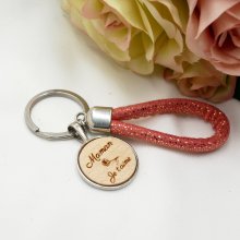 Personalized engraved wooden cabochon key ring and rope loop in your choice of color