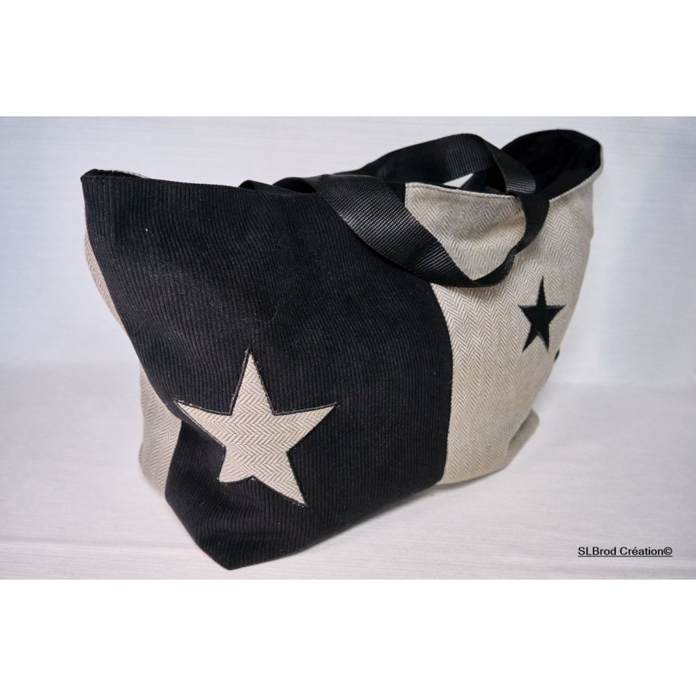 Sac cabas bi-matière noir et gris avec étoiles