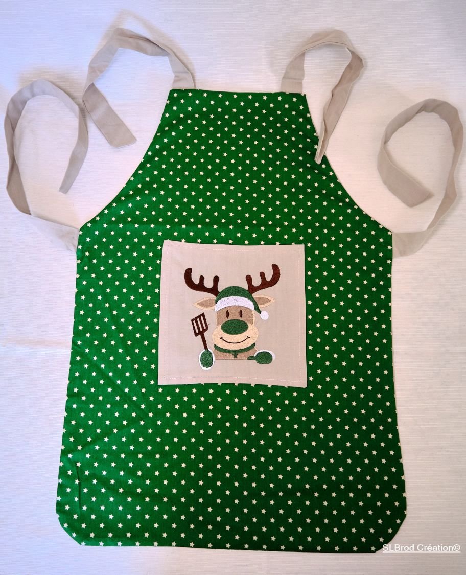 Green reindeer embroidered apron