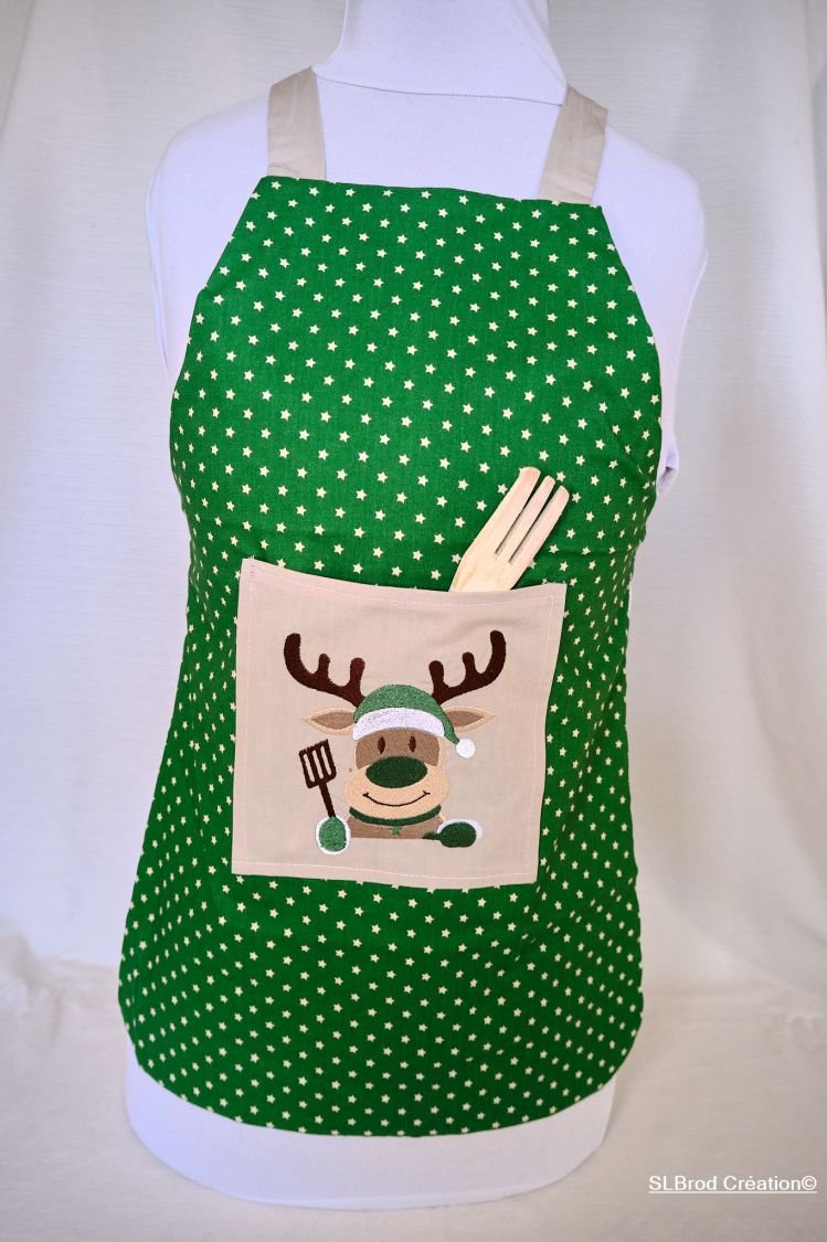 Green reindeer embroidered apron