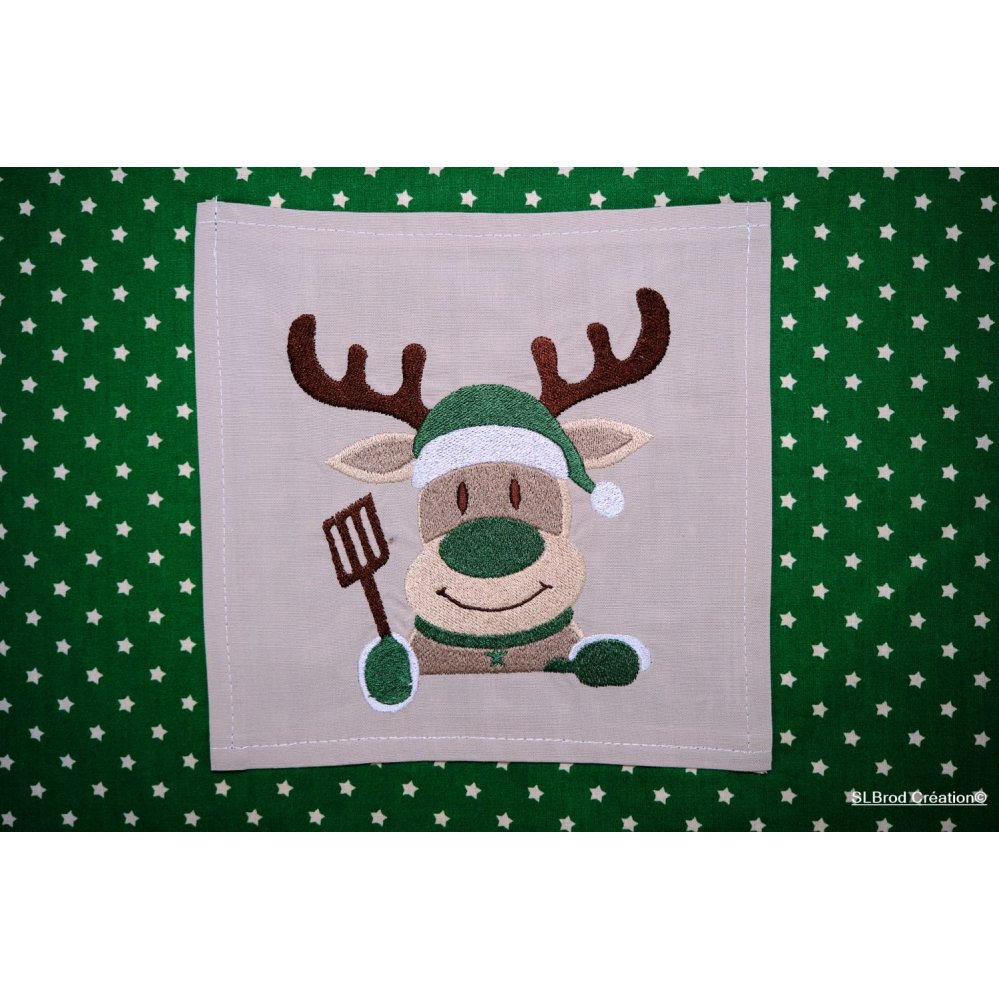 Green reindeer embroidered apron